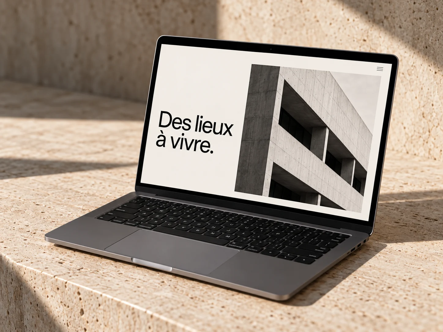 Exploration d’un site d’architecture minimaliste, présenté sur un ordinateur posé sur de la pierre claire.